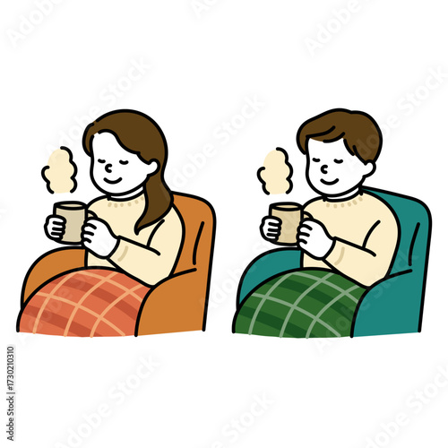 温かい飲み物を飲む男女のアイコンイラストセット