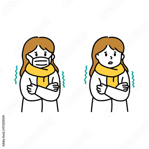 寒がる女性のイラストセット　マスクありなし