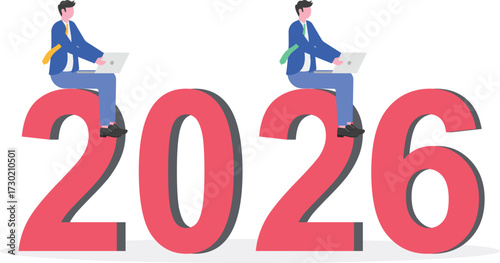 Fitness concept with big 2026 number. Tiny people training and doing workout.

