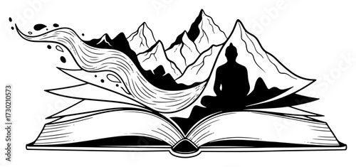 Open Book with Mountains and Meditation Silhouette