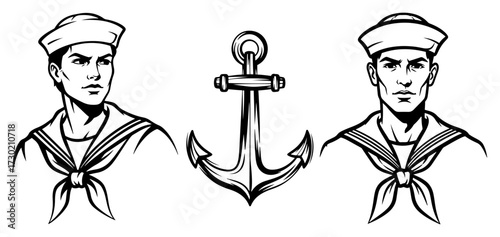 Vintage Sailor Portraits with a Nautical Anchor Icon