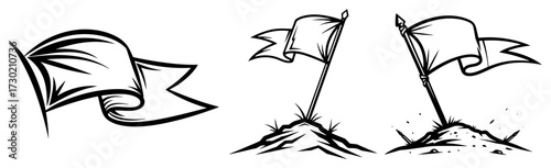 Blank Ribbon Banner and Flags Hand Drawn Vector