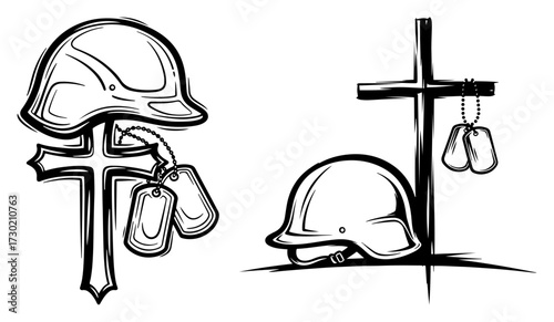 Fallen Soldier Memorial with Helmet Cross and Dog Tags