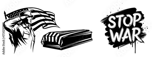 Military and Anti War Vector Set with Soldier and Coffin