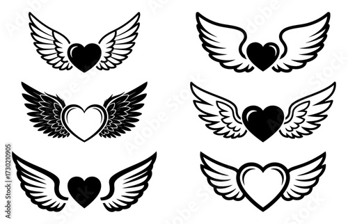 Set of Black Hearts with Angel Wings Silhouettes