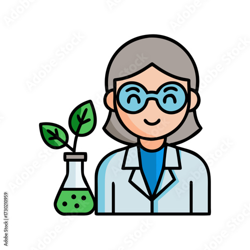 Smiling scientist with glasses holding a flask and a green plant, representing innovation in science
