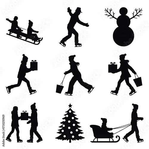 Silhouette of people enjoying winter activities isolated on transparent background ice skating, sledding, carrying gifts, and decorating a christmas tree in black and white