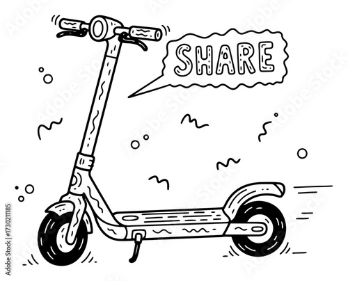 Electric Scooter Sharing Doodle with Speech Bubble black shape vector laser cutting engraving monochrome print