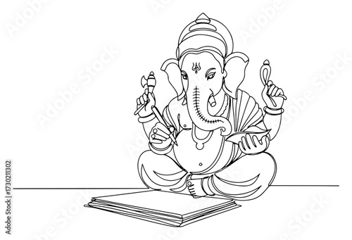 Lord Ganesha Studying on Book Line Art black shape vector laser cutting engraving monochrome print