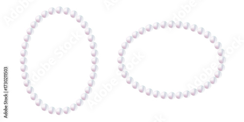 White pearl beads oval frame isolated on white background. Realistic necklace of nacre color, 3D effect, ellipse shape border. Vector clipart for wedding decoration, greeting card, jewelry design.