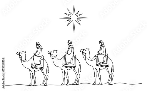Three Wise Men Following the Star of Bethlehem Continuous Line Drawing