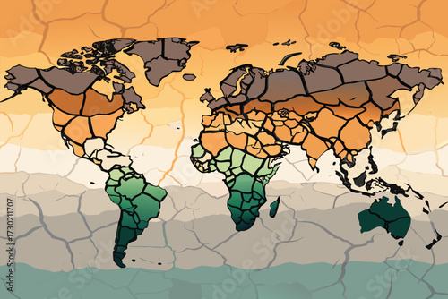Cracked world map with dry earth and green continents.