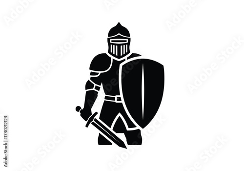 Silhouette of a medieval knight in full armor holding sword and shield