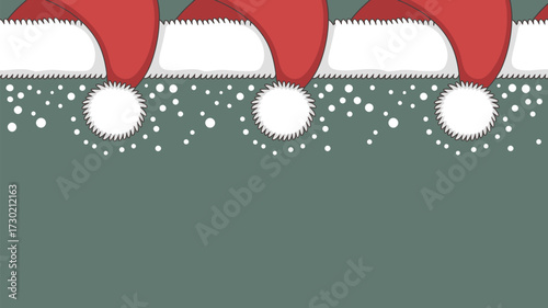 A repeating pattern of santa hats with white pom poms and snow dots on a gray green background design