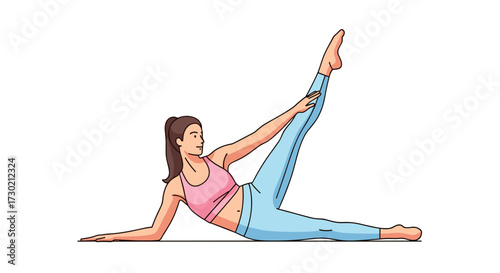 A determined woman performs a challenging side leg raise, showcasing strength and flexibility in a clean, modern vector illustration for a healthy life.