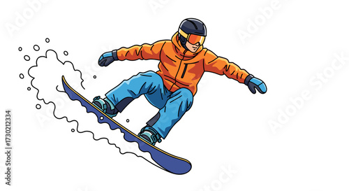 A vibrant vector illustration depicts an energetic snowboarder leaping through the air, showcasing the exhilarating adventure and active lifestyle of winter sports.