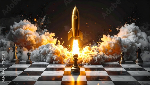 A sharp, monochrome chessboard where one pawn morphs into a golden rocket ship mid-launch, with smoke and flames rendered in ultra-detail