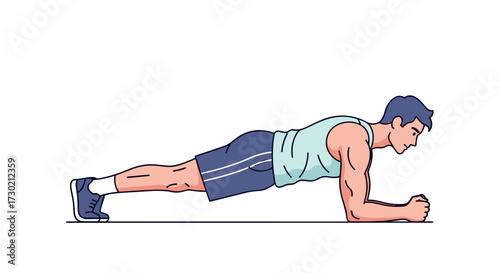 A strong man demonstrates a perfect plank core exercise, showcasing fitness and strength in a clear, modern vector illustration for health and wellness concepts.