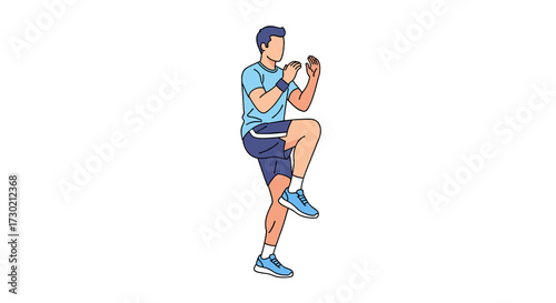 A fit man performs a dynamic high knee exercise, demonstrating proper form for an effective cardio workout in a clean, modern vector illustration.