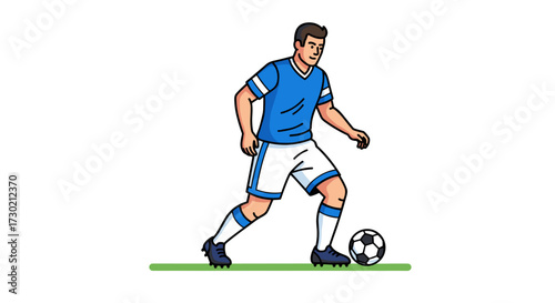 A focused male soccer player in a blue uniform skillfully dribbles the ball across a green field, embodying athletic determination and dynamic sport action.