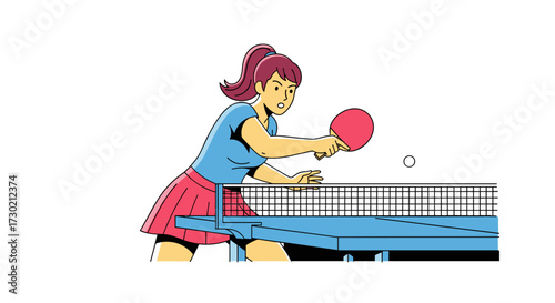 A dynamic illustration depicts a focused female athlete engaged in a competitive game of table tennis, showcasing skill and agility.