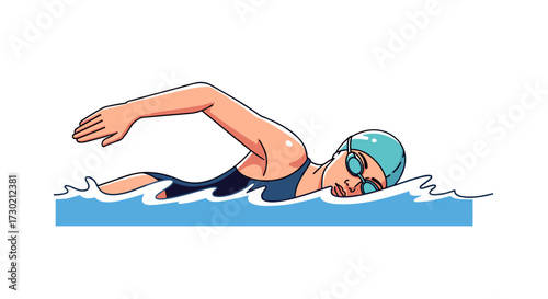 A determined female swimmer glides through blue water, showcasing a dynamic freestyle stroke in a vibrant, modern vector illustration.