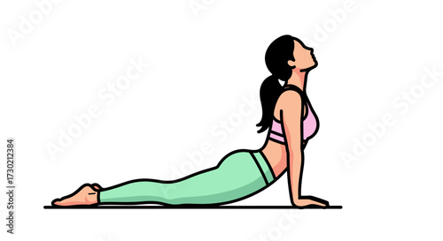A serene woman practices an upward-facing dog yoga pose, illustrating fitness, mindfulness, and healthy living with a clean, modern vector design.