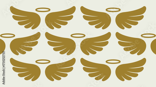 A repeating pattern of golden angel wings and halos on a light beige background in a seamless design