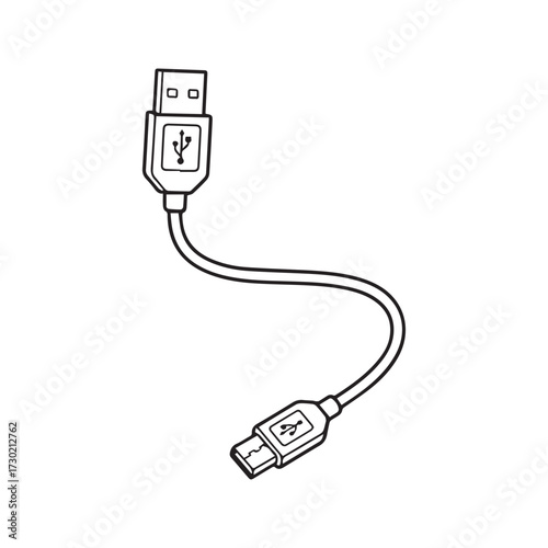 USB to Micro-USB cable line art. Vector icon of a charger cord for data transfer and charging, isolated on a white background. Coloring page illustration.
