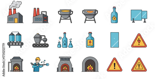 A 4x5 grid of colorful flatstyle icons related to glass and fire industry