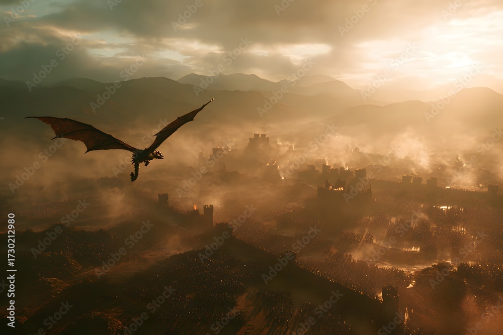 Naklejka premium A dragon soars over a medieval fortress engulfed in flames, with soldiers below and dramatic golden dawn light breaking. 
