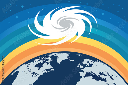 A hurricane symbol appears above the Earth with colorful bands of light.