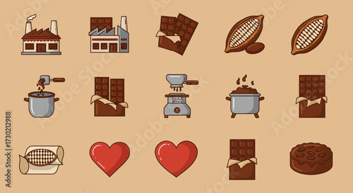 A grid of 15 flatstyle icons illustrating the chocolatemaking process on a tan background