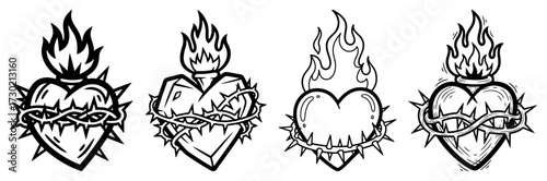 Sacred Heart with Thorns and Flames Tattoo Style Set
