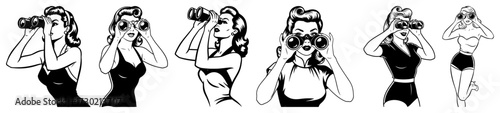 Vintage Pin Up Girls Looking Through Binoculars Set
