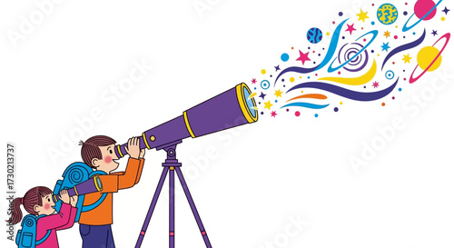 Two children look through a telescope, discovering a colorful, whimsical universe of stars, planets, and rockets in a cartoon illustration.