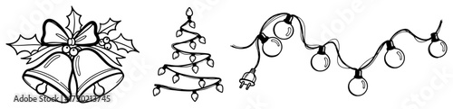 Hand Drawn Christmas Doodles with Bells Tree and Lights
