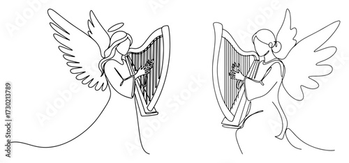 Angel Playing a Harp Continuous One Line Drawing