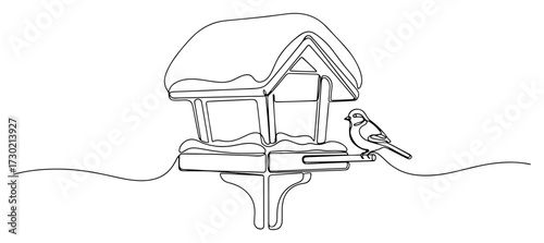 Bird on a Snowy Winter Feeder Continuous One Line Drawing