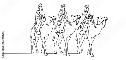 The Three Wise Men on Camels Continuous One Line Drawing