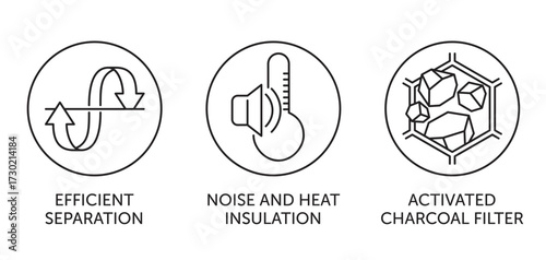 Icons set - Efficient Separation, Noise and Heat Insulation, Activated Charcoal Filter. in thin line