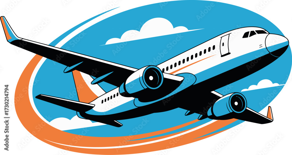 Fototapeta premium Modern passenger jet soaring through a bright blue sky with clouds