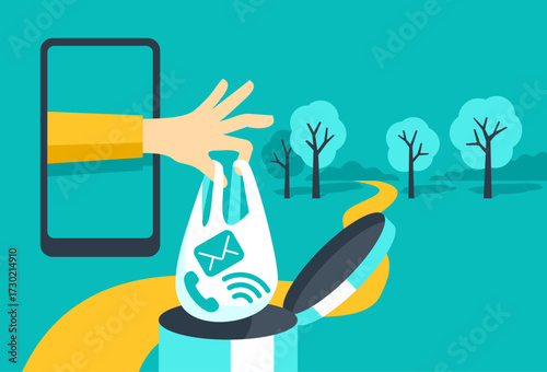 Digital detox - hand throwing app icons in trash bin