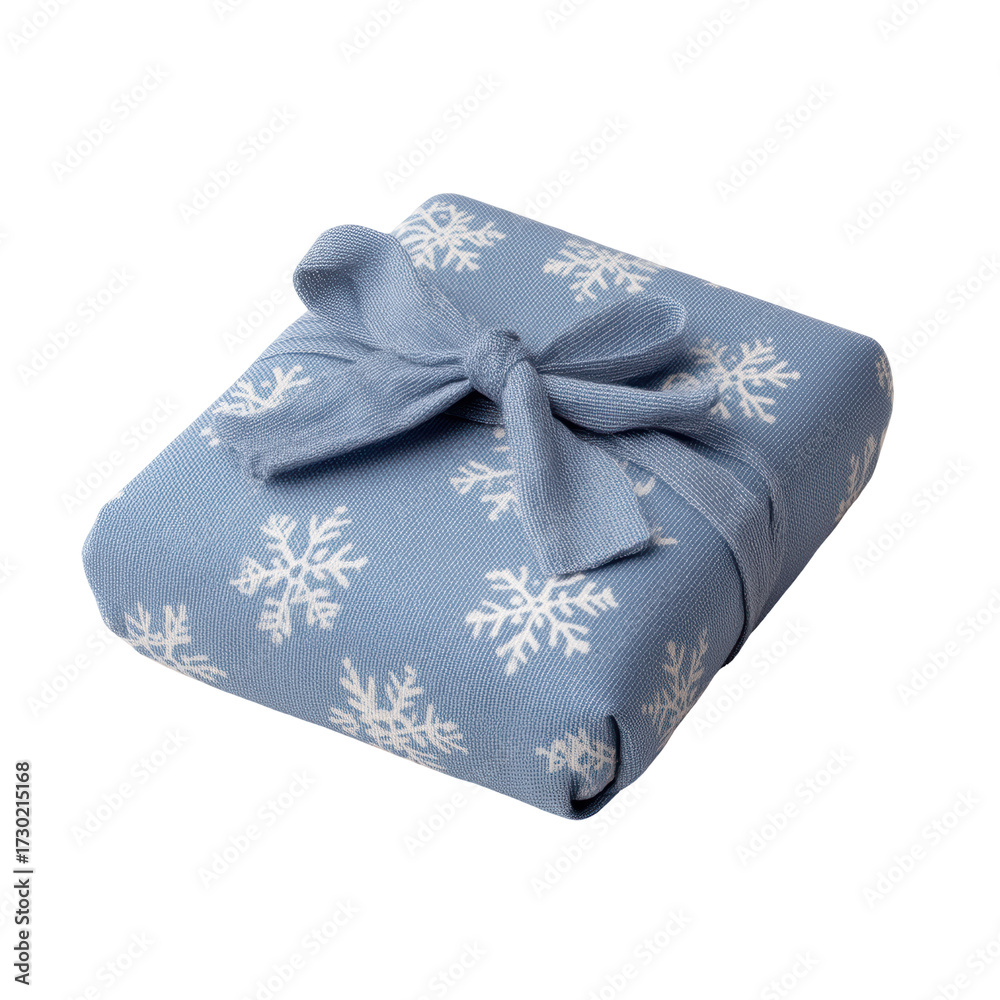 Naklejka premium Blue fabric wrapped gift with snowflake pattern and tied bow