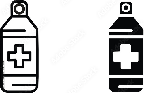 Medical pump icons in line outline and flat solid style. with medical sign. On White background.