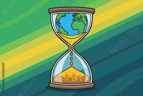 An hourglass with the Earth inside, symbolizing environmental time.