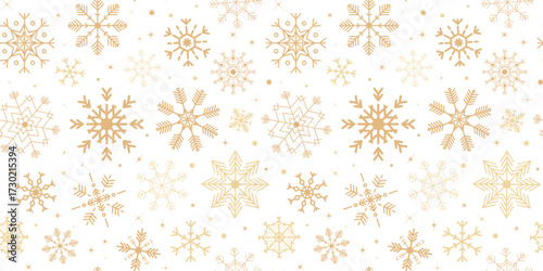 Seamless pattern with various golden geometric snowflakes. Winter wallpaper, various ornate ice crystals. Decoration, background for Christmas, New Year designs, greeting cards.