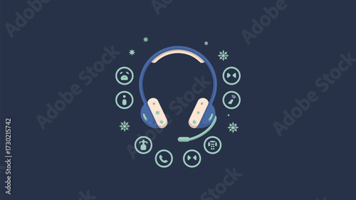 A blue headset with icons and snowflakes on a dark blue background in a stylized flat illustration
