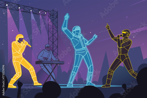 Futuristic performers illuminated on stage with vibrant stage lights.