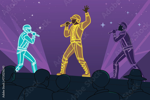 A neon-outlined band performs on a starry purple stage for an audience.